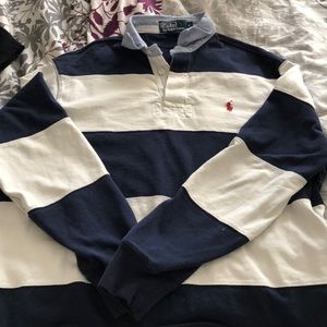 White and navy blue polo button up